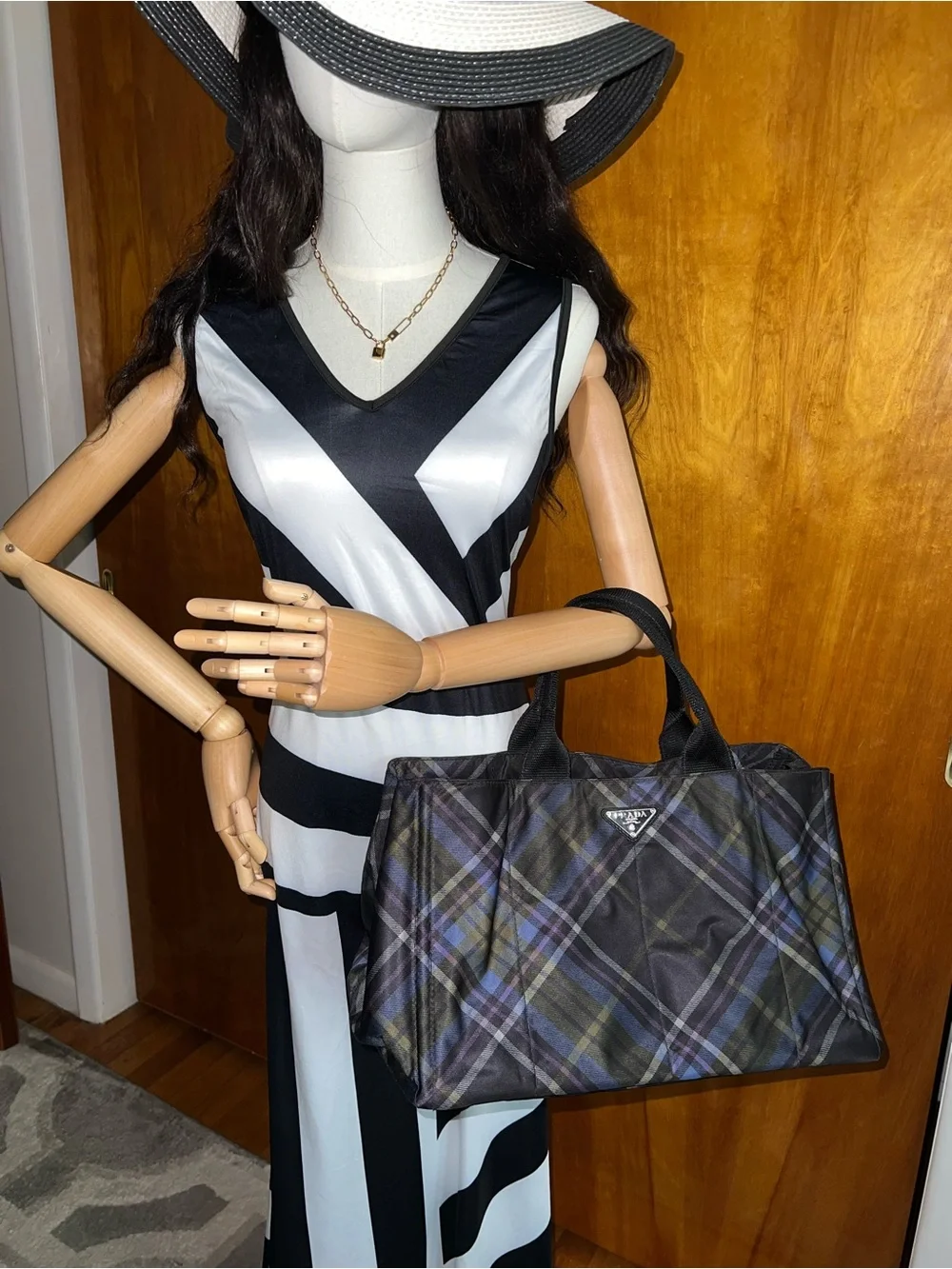 *Rare* Prada Black Blue Purple Plaid Nylon Canapa